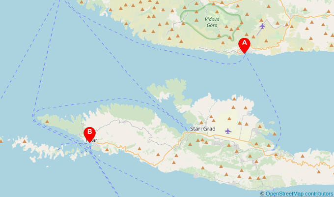 Map of ferry route between Bol (Brac) and Hvar